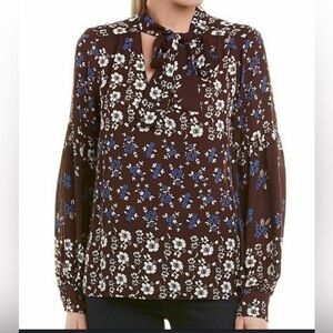 NWT PARKER TIE FRONT FLORAL PRINT LONG SLEEVE BLOUSE CORDOVAN ACACIA M